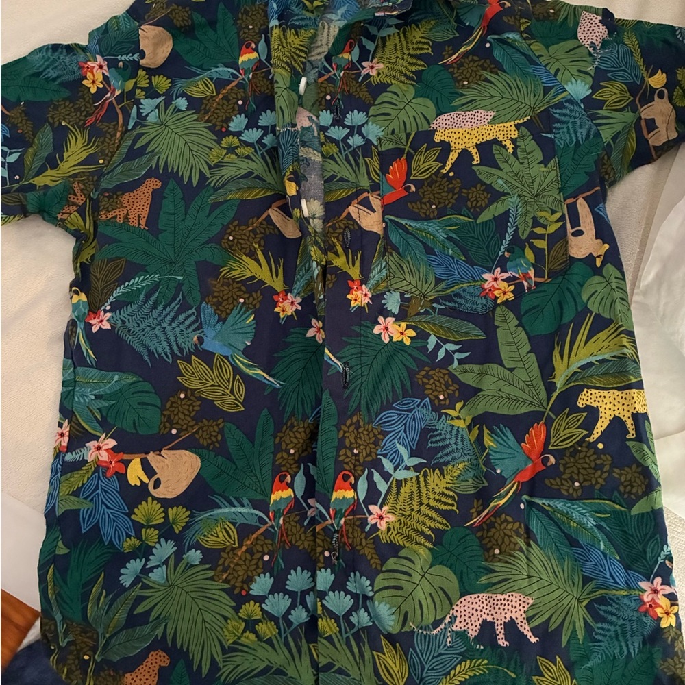 Kids Tropical Button-Down Shirt in Navy Green Print